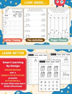 Poster w sample pages from book that shows how the workbook incorporates spaced recall and variety for effective learning.