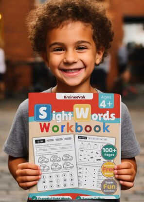 Boy holding BraineeYak Sight Words Workbook