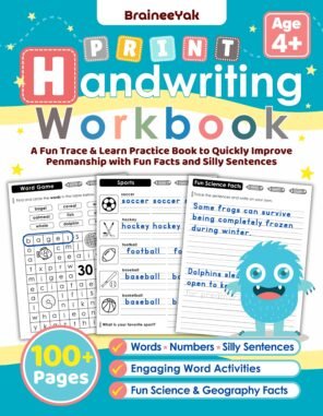 Print Handwriting Workbook: A Fun Trace & Learn Practice Book to Quickly Improve Penmanship with Fun Facts and Silly Sentences - Image 3